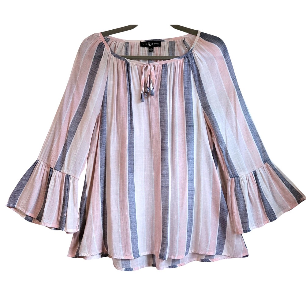 Boho Fairy Fred David Women M Pink Gray Striped Bell Sleeve Tie Neck Blouse